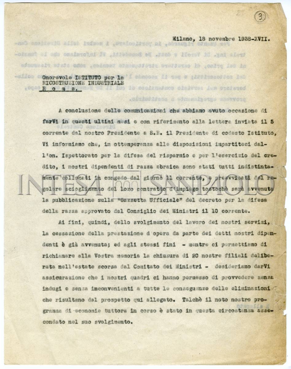 Lettera inviata all'Istituto di ricostruzione Industriale - IRI con elenco degli ebrei in servizio nella rete italiana della Banca commerciale italiana, 18 novembre 1938